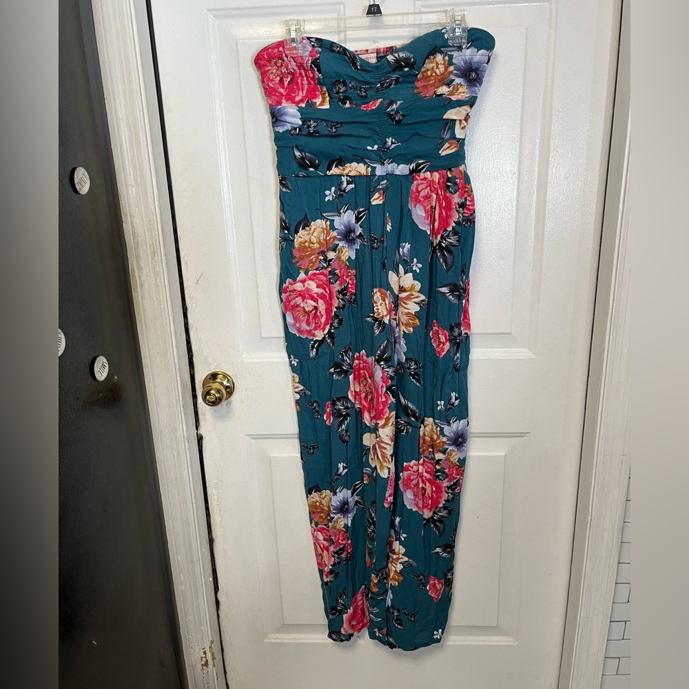 Band of Gypsies Teal Strapless Floral Jumpsuit with Pink and Yellow Blooms